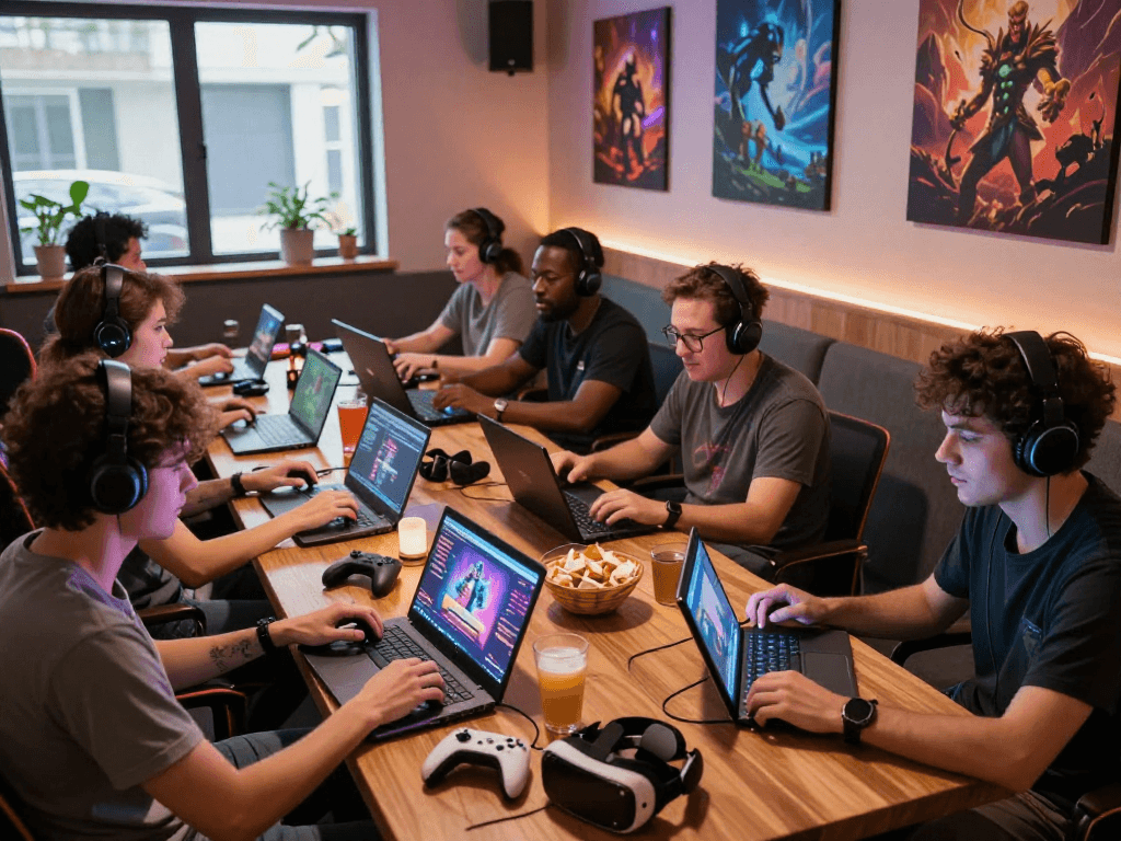 Group of adults enjoying immersive porn games in a cozy gaming lounge.