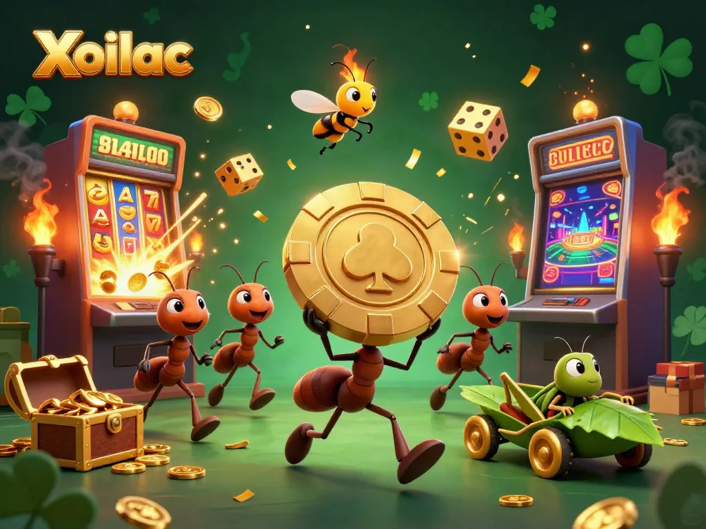 Xoilac heist scene: cartoon ants with a poker chip, jackpot slots, and glowing casino elements.
