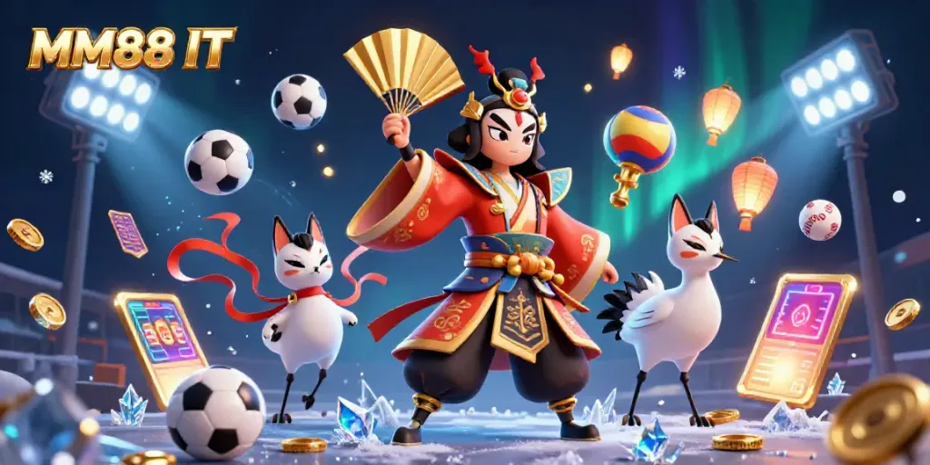 Engage in immersive gaming with MM88 IT's vibrant 3D illustration showcasing dynamic sports elements and captivating characters.