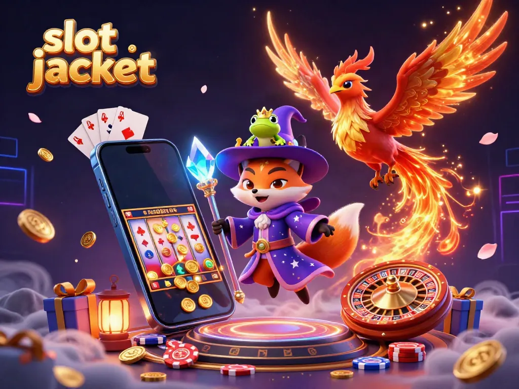 Engage with the slot jackpot excitement in a mystical 3D scene featuring a wizard fox and phoenix!