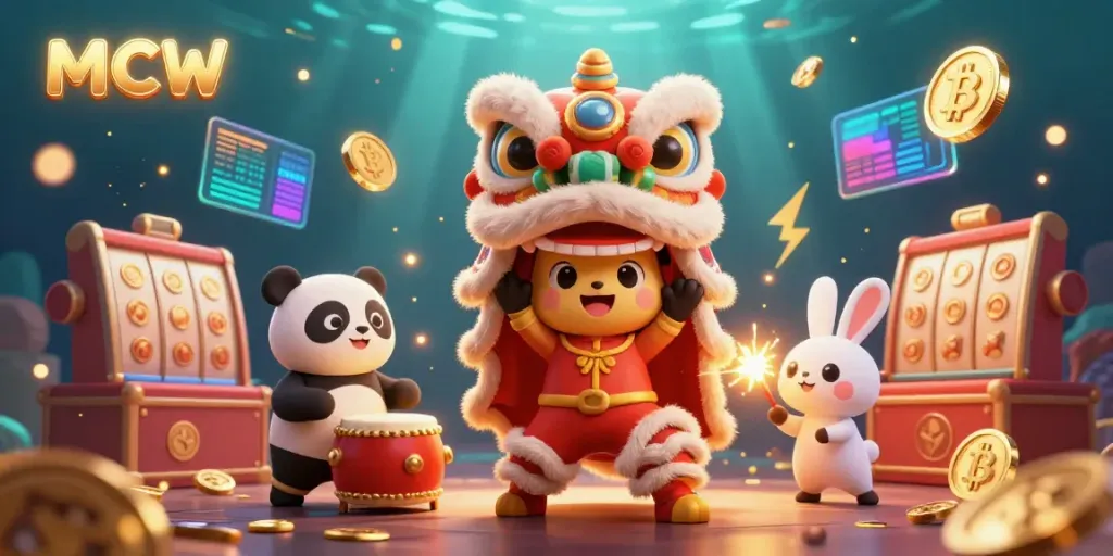 Engage in the vibrant world of MCW with 3D characters celebrating amidst slot machines and cryptocurrencies.