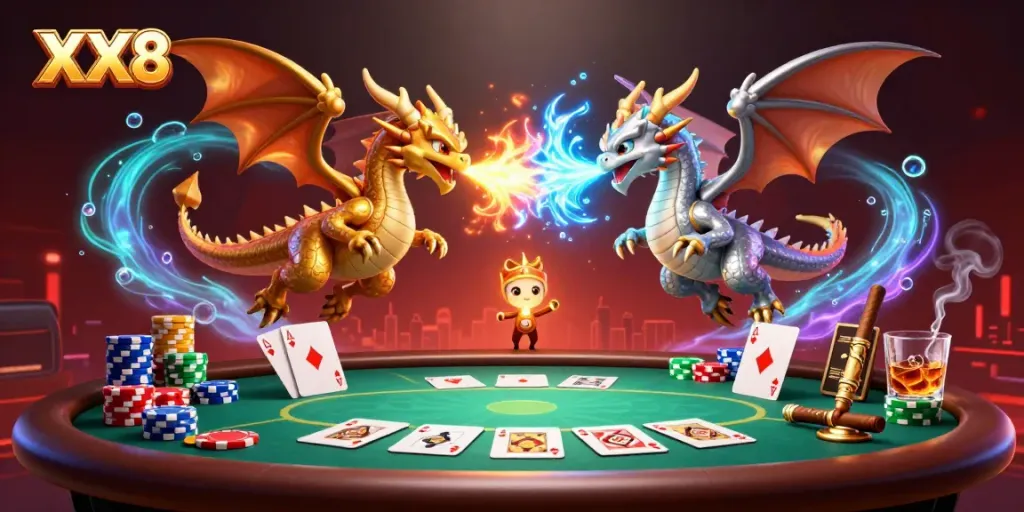 Experience the magic of XX8 casino with dynamic dragons, epic poker moments, and vibrant casino elements.