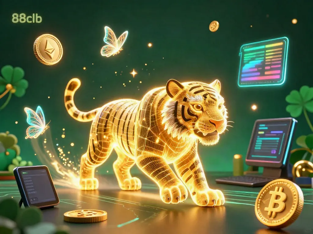 Engage with the vibrant digital casino world of 88clb featuring a golden tiger and crypto elements.