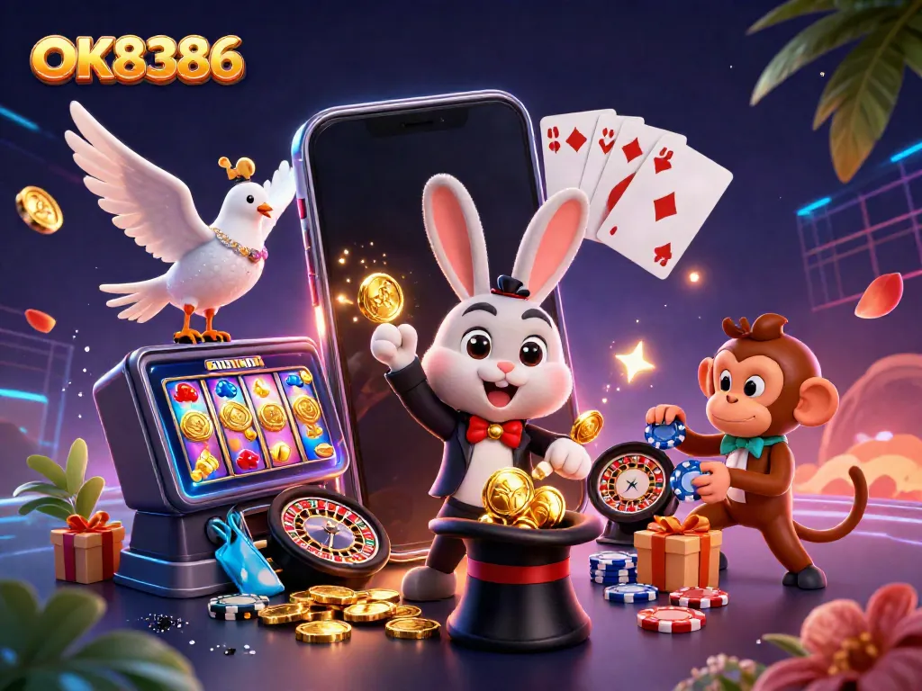 Experience the thrills of online gambling with OK8386, featuring lively characters amidst vibrant game elements.