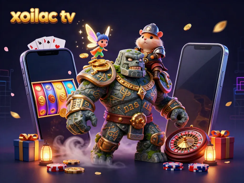 Xoilac TV showcases thrilling gambling adventures in a rich 3D casino illustration.