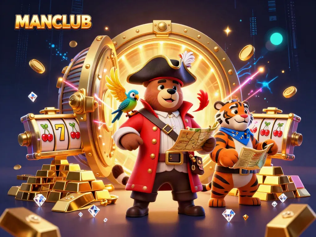 Experience excitement with MANCLUB as a pirate captain, tiger mate, and treasure amidst lively slot action.