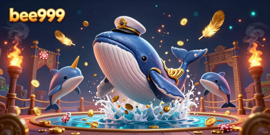 Experience thrilling gaming at bee999 with a whale, narwhal, and dolphins celebrating in a vibrant casino.