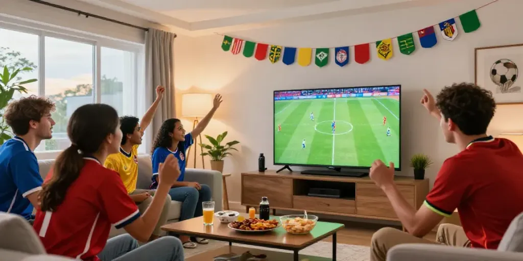 스포츠중계를 즐기는 친구들, 축구 경기를 시청하는 생동감 넘치는 거실 장면