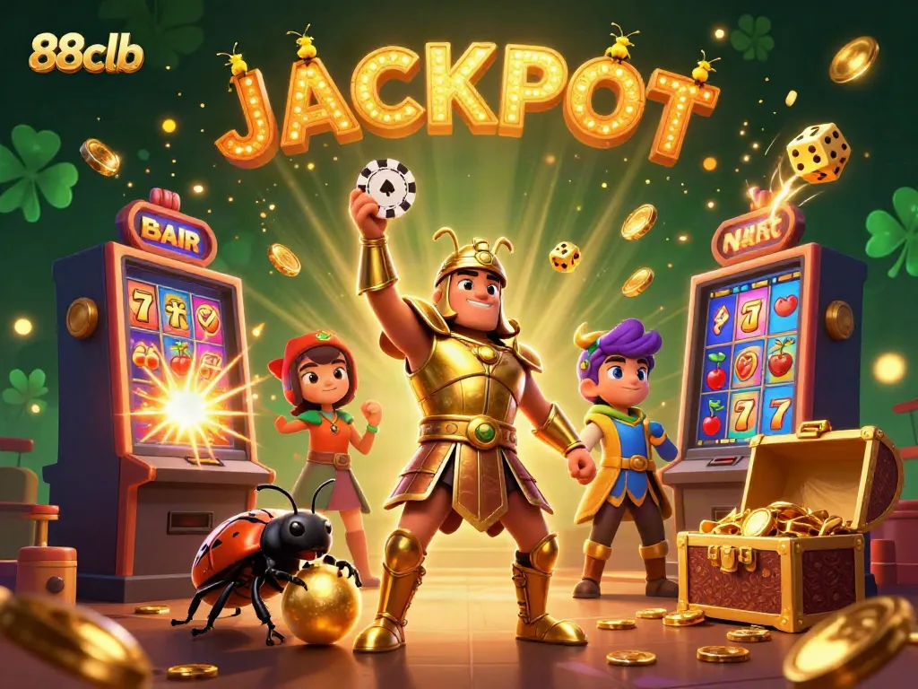 Win big at 88clb with cartoon beetles celebrating a jackpot surrounded by casino riches.