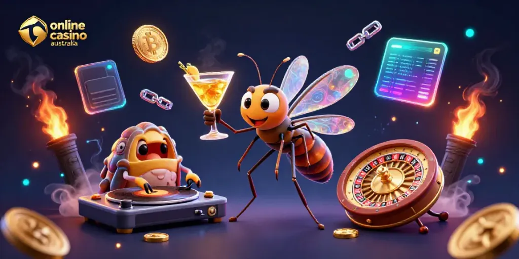 Join the excitement of online casino australia with vibrant characters and crypto elements.