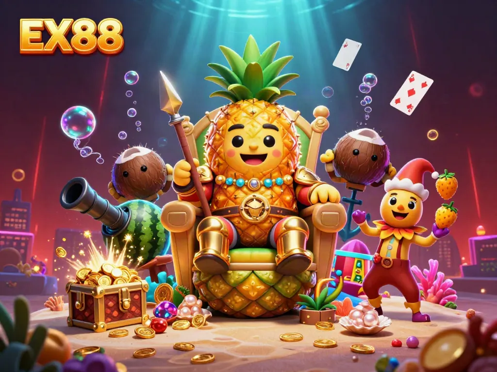 Experience the thrill of gaming with EX88, featuring a dynamic cartoon casino scene with distinct characters and rich details.