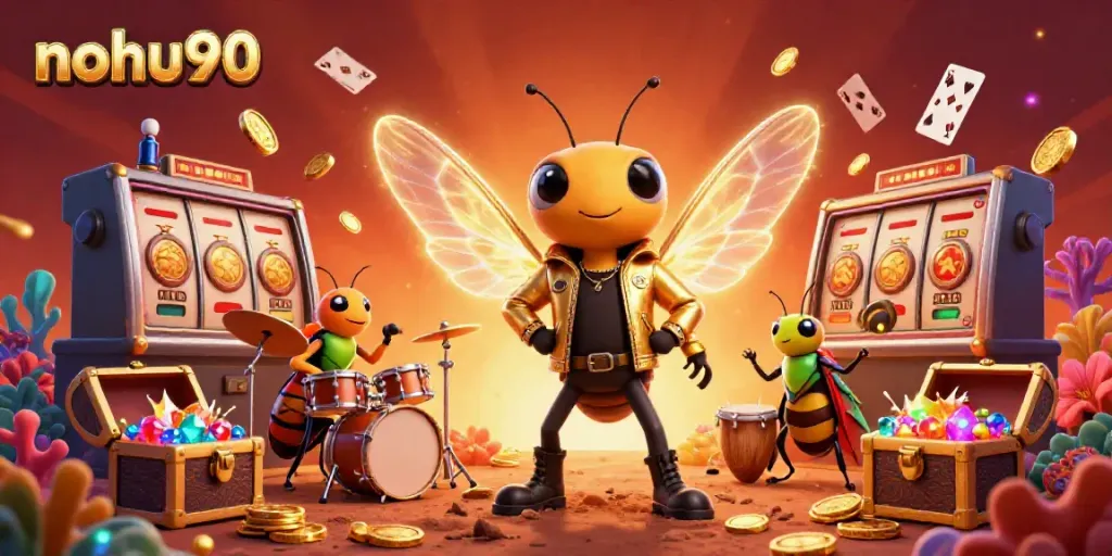 Engage with nohu90 casino excitement featuring a cicada rock star, lively games, and a vibrant casino scene.