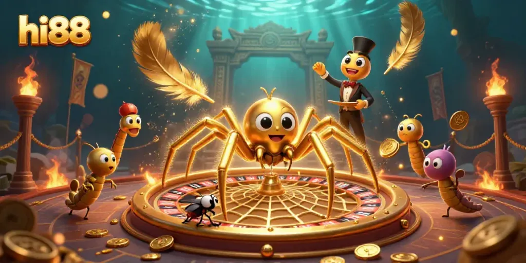 hi88 roulette wheel scene with a golden spider and centipede croupier engaging players in a vibrant casino context