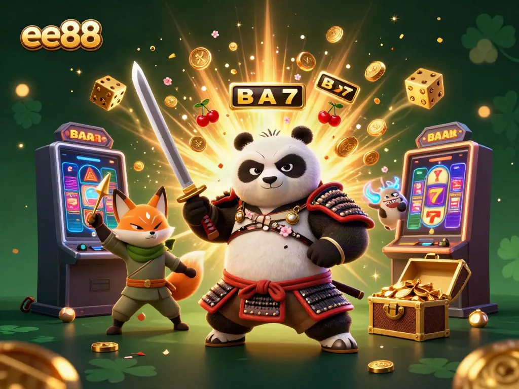 Experience thrilling gaming with ee88, featuring a samurai panda, ninja fox, and magical tanuki amid a vibrant casino scene.