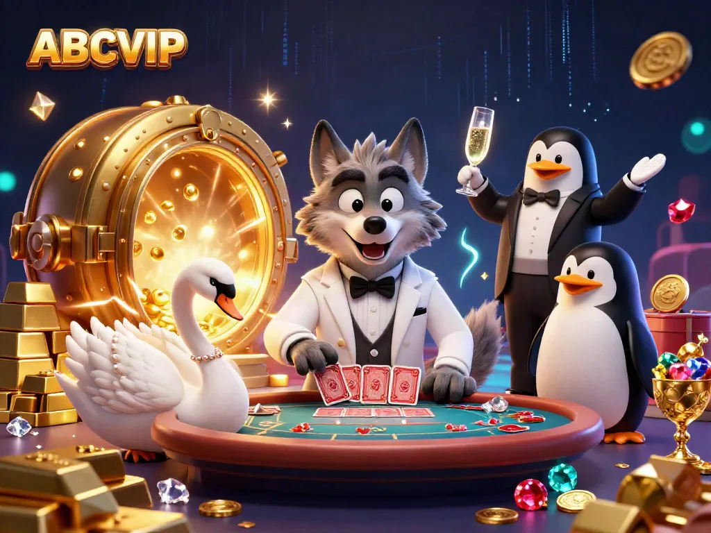 Experience the thrilling baccarat action at ABCVIP with a debonair wolf, elegant swan, and sophisticated penguin in a dynamic casino scene.