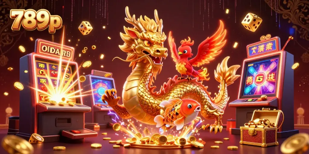 Experience thrilling gameplay with 789p featuring a fiery dragon, phoenix, and koi fish amidst a jackpot explosion.