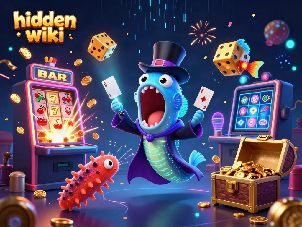 Interactive scene illustrating hidden wiki-themed casino magic with vibrant colors and characters.