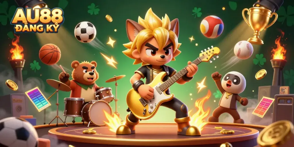 Experience the thrill of AU88 ĐĂNG KÝ with a wolf rock star and bear drummer on a vibrant casino stage.