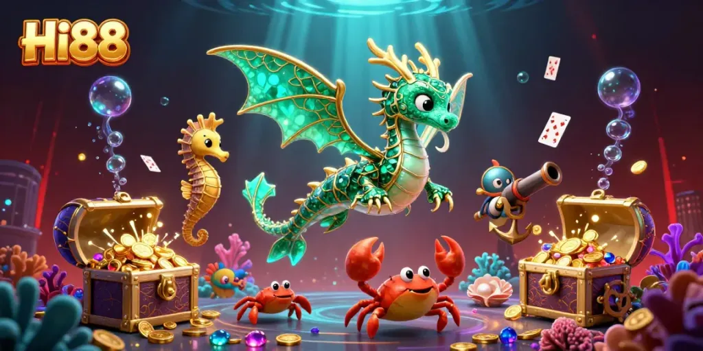 Engaging illustration of Hi88 showcasing an emerald sea dragon and royal seahorse with gold treasure, symbolizing online casino adventures.