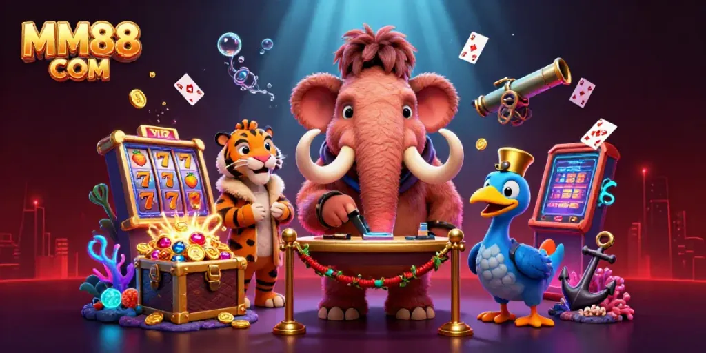 Engage in the vibrant casino scene with MM88 COM featuring a bouncer, VIP guest, and doorman amidst dynamic gaming elements.