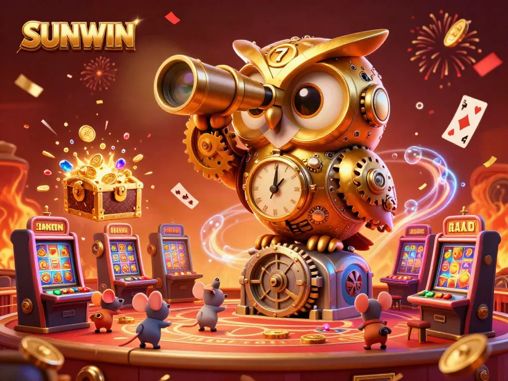SUNWIN showcases a dynamic 3D casino illustration featuring a golden owl overlooking vibrant slot machines, capturing the excitement of gambling.