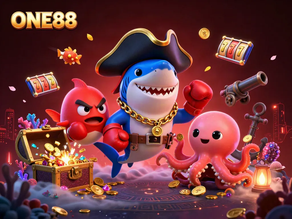 Engage in a thrilling ONE88 casino adventure with cartoon characters amidst dynamic gambling elements.