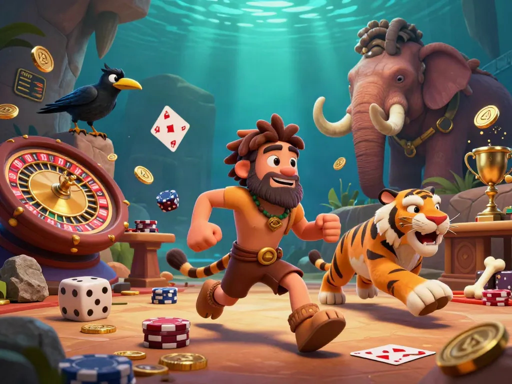 MPO08 live casino scene with a caveman and sabertooth tiger playing poker amidst gold coins and cards.