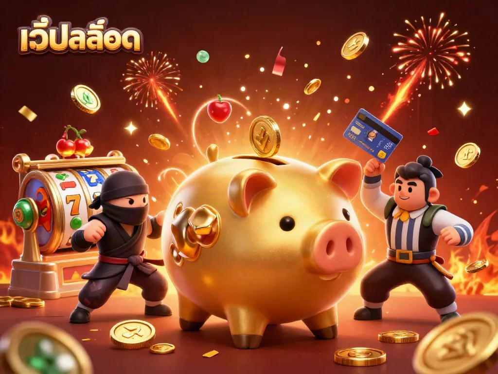 ภาพที่แสดงถึงเว็ปสล็อต โดยมีหมูทองขนาดใหญ่กำลังทำท่าทางตลกรอบตัว ปรากฏล้อสล็อตและสัญลักษณ์โชคดีเตะลอยอยู่ในฉาก