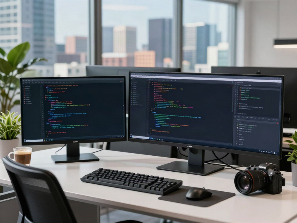 v2rayN官网 software developer in a modern workspace coding on multiple monitors
