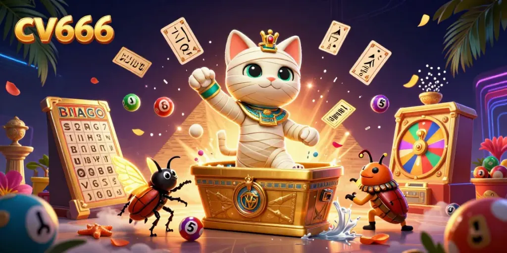 Engage in thrilling gameplay at cv666 with an animated mummy cat and dynamic lottery elements.