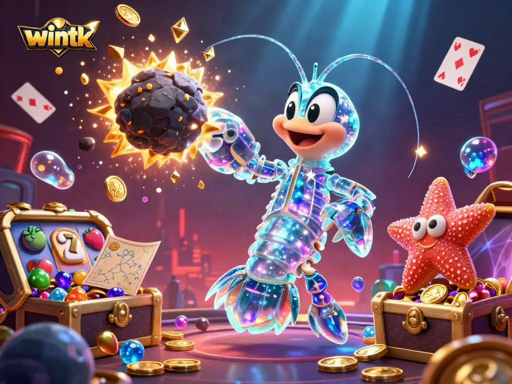 Engage with vibrant gaming action at wintk, featuring colorful gems, casino elements, and dynamic characters.