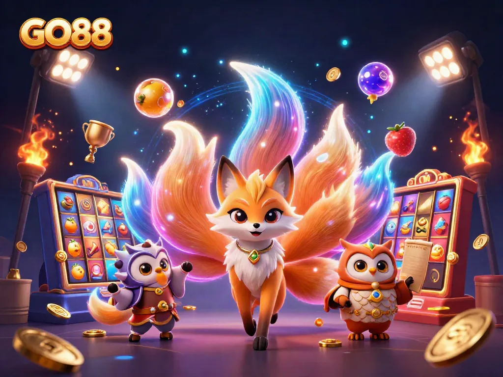 Celebrate wins at GO88 with a colorful display of dynamic slot games featuring vibrant fruit symbols and a mystical fox spirit.