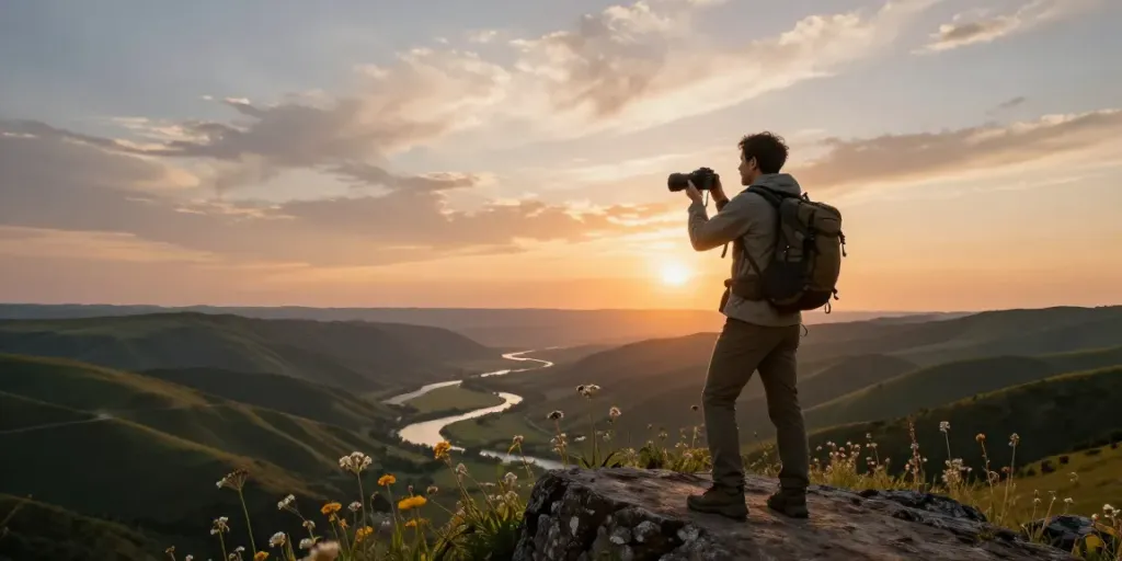 Traveler at scenic overlook capturing the moment to visite site during golden hour.