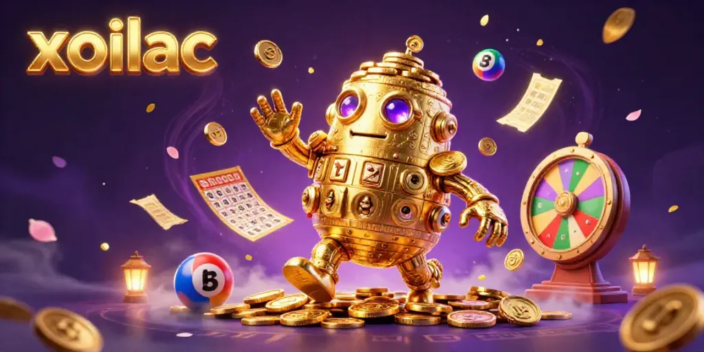 Experience the excitement of gambling with xoilac, as vibrant lottery balls and a golden golem enhance your gaming.