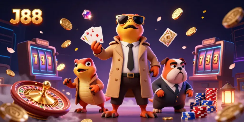 Engage with J88 casino games amid lively characters and dynamic gaming elements.