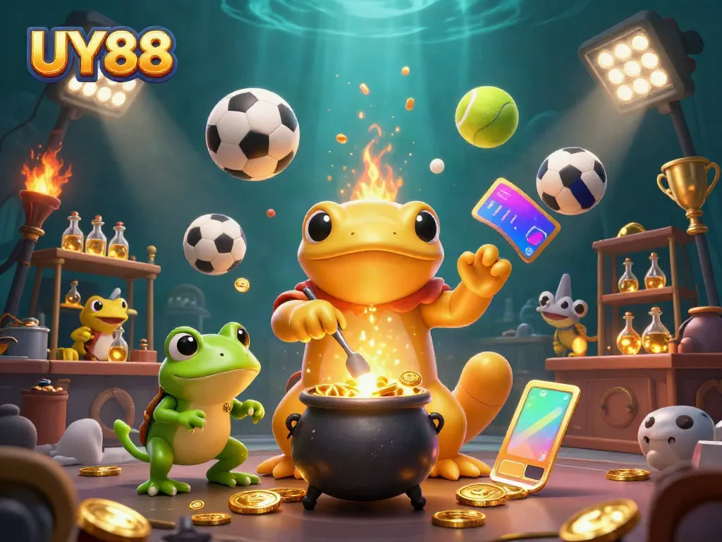 Experience the excitement of UY88 with a dynamic 3D illustration of golden elements, gaming icons, and a vibrant casino atmosphere.