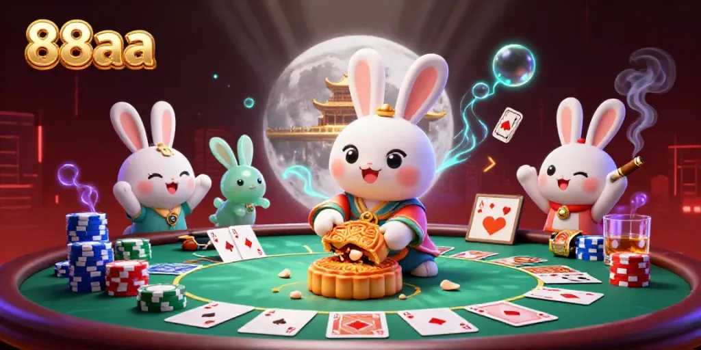 Experience the thrill of 88aa with casino-themed characters surrounded by poker chips and magic mooncakes.