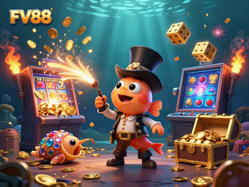 Engage in the thrill of FV88's online casino with a vibrant underwater scene showcasing slot machines and animated characters.
