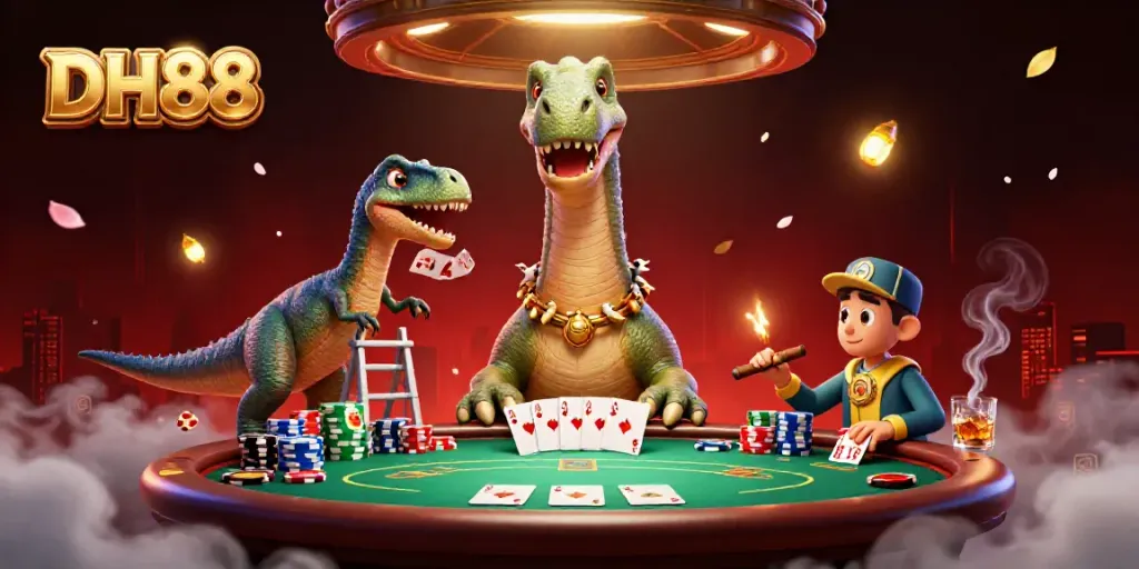 Observe the DH88-themed casino scene as a brontosaurus and raptor engage in thrilling poker action.