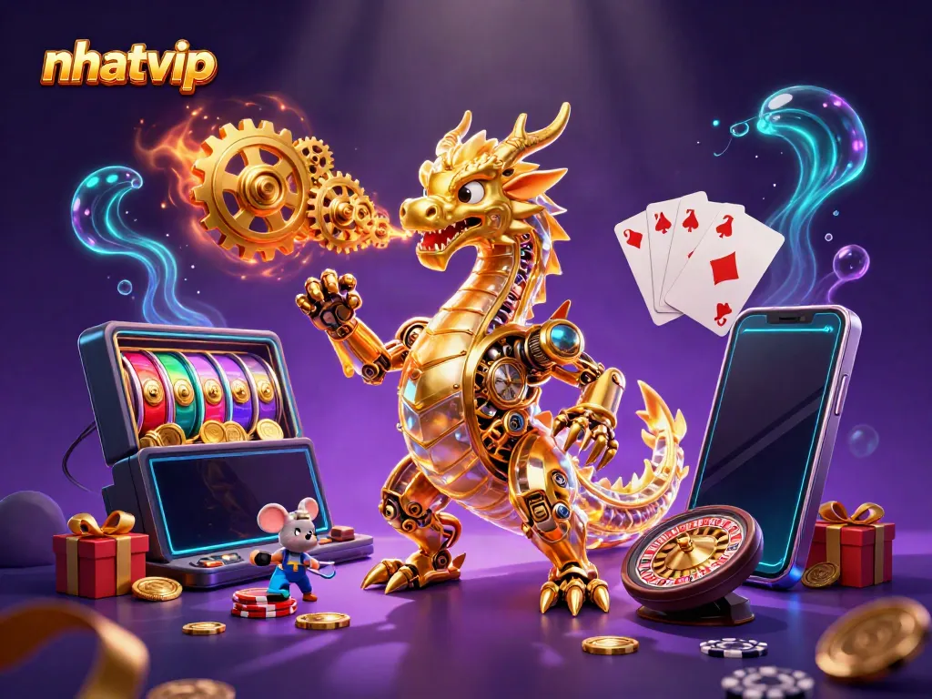 Engage with nhatvip's thrilling online gaming universe featuring a golden dragon and dynamic slot games.