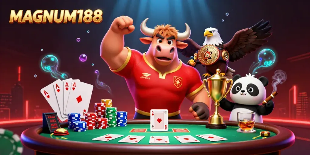 Engage with MAGNUM188's vibrant casino scene featuring a triumphant bull mascot and poker elements.