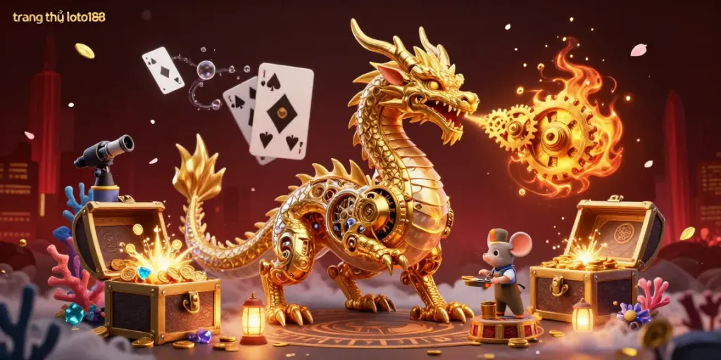 Experience the excitement of gambling at trang chủ loto188 with this vibrant 3D illustration featuring a golden dragon and treasure.
