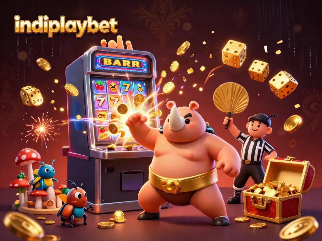 Indoplaybet menghadirkan ilustrasi kasino menarik dengan kejuaraan sumo dan mesin slot yang berkilauan.