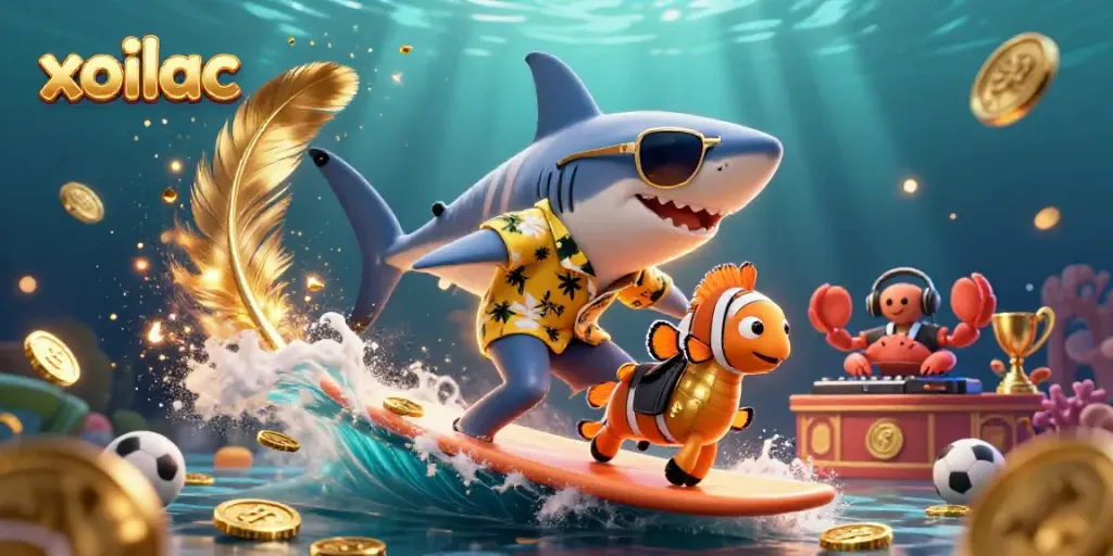 Xoilac enhances the excitement of sports betting with its vibrant 3D illustration featuring a shark and a clownfish.