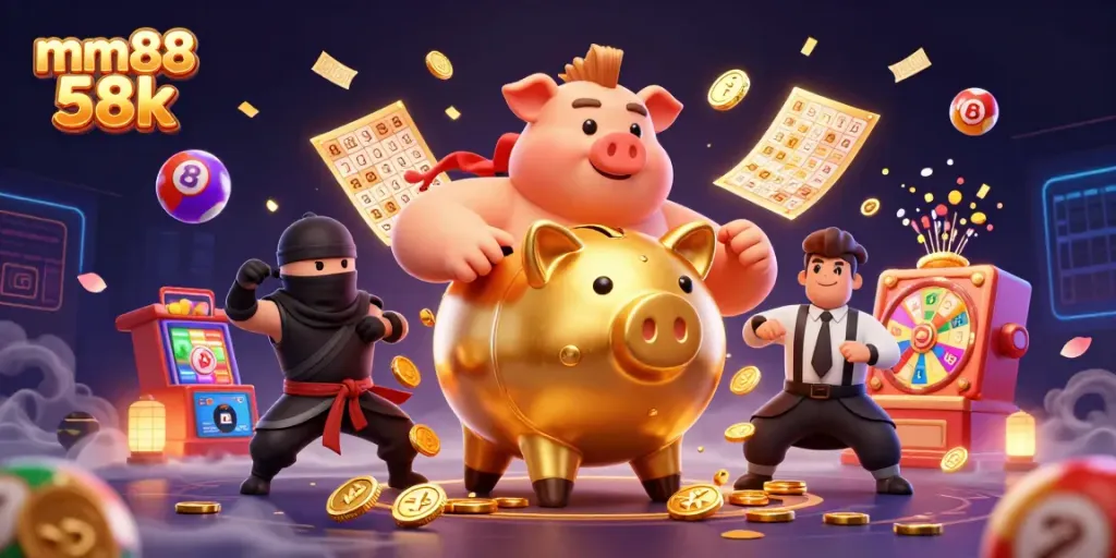 Experience thrilling gameplay in MM88 58K with a dynamic scene featuring exciting casino characters.