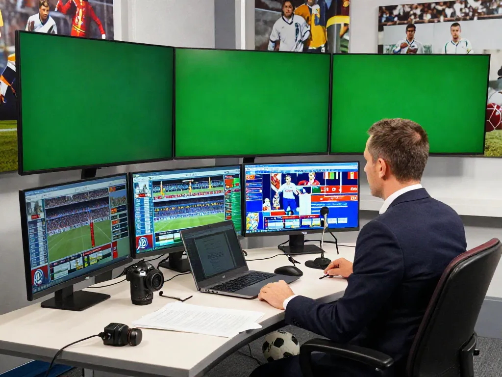 Football news studio reporting on ข่าวกีฬาฟุตบอล with monitors displaying live updates.
