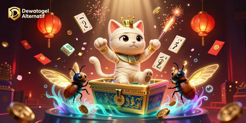 Engage with Dewatogel Alternatif in a vibrant 3D casino scene featuring a mummy cat and treasures.