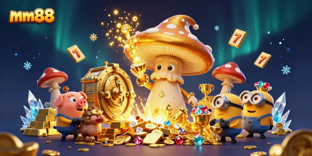 Experience the magical world of mm88 with a golden mushroom wizard and treasure elements.
