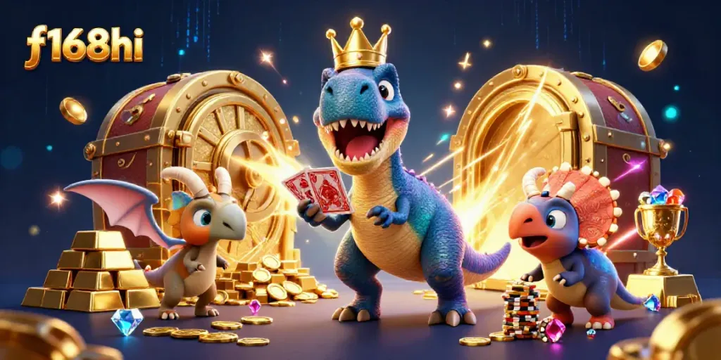 Engage with f168hi's fun casino environment featuring a cartoon T-Rex shuffling cards.