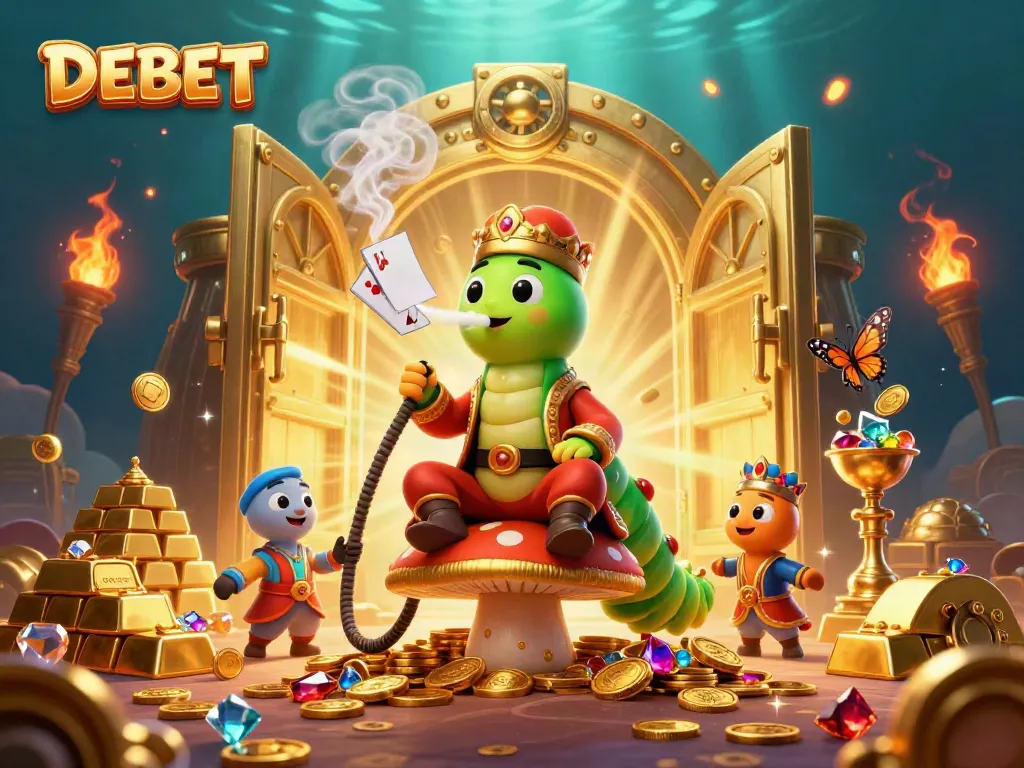 Engaging DEBET themed illustration showing a caterpillar hookah-master surrounded by luxury casino elements